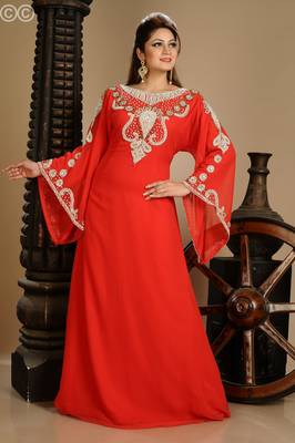 Red Zari Work Stones & Beads Embellish Georgette  Islamic Style Arabian Maxi Partywear Kaftan 4