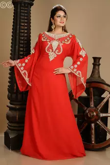 Red Zari Work Stones & Beads Embellish Georgette  Islamic Style Arabian Maxi Partywear Kaftan