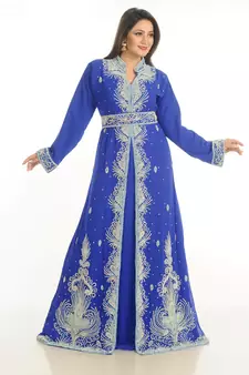 Royal Blue Zari Work Georgette Islamic Style Party Wear Stones And Beads Embedded Arabian Kaftan