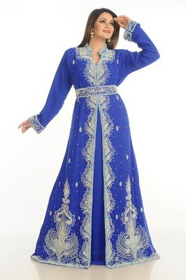 Royal Blue Zari Work Georgette Islamic Style Party Wear Stones And Beads Embedded Arabian Kaftan 3