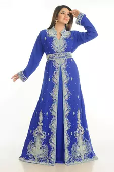 Royal Blue Zari Work Georgette Islamic Style Party Wear Stones And Beads Embedded Arabian Kaftan