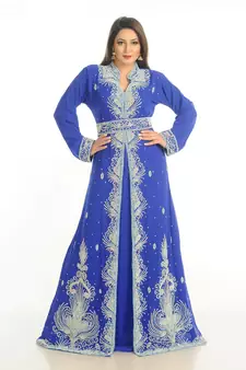 Royal Blue Zari Work Georgette Islamic Style Party Wear Stones And Beads Embedded Arabian Kaftan