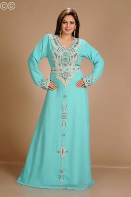 Turqoise Zari Work Stones & Beads Embellish Georgette  Islamic Style Arabian Maxi Partywear Kaftan 2
