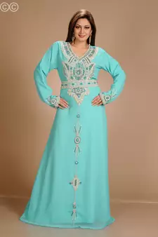 Turqoise Zari Work Stones & Beads Embellish Georgette  Islamic Style Arabian Maxi Partywear Kaftan