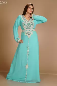 Turqoise Zari Work Stones & Beads Embellish Georgette  Islamic Style Arabian Maxi Partywear Kaftan