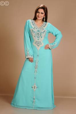 Turqoise Zari Work Stones & Beads Embellish Georgette  Islamic Style Arabian Maxi Partywear Kaftan 4