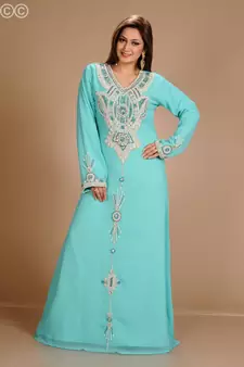 Turqoise Zari Work Stones & Beads Embellish Georgette  Islamic Style Arabian Maxi Partywear Kaftan