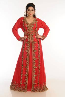 Red Zari Work Georgette Islamic Style Party Wear Stones And Beads Embedded Arabian Kaftan 2