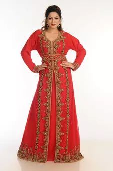 Red Zari Work Georgette Islamic Style Party Wear Stones And Beads Embedded Arabian Kaftan