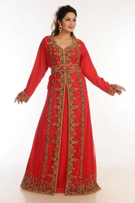 Red Zari Work Georgette Islamic Style Party Wear Stones And Beads Embedded Arabian Kaftan 3