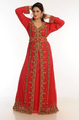 Red Zari Work Georgette Islamic Style Party Wear Stones And Beads Embedded Arabian Kaftan 4