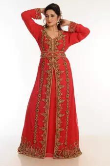 Red Zari Work Georgette Islamic Style Party Wear Stones And Beads Embedded Arabian Kaftan
