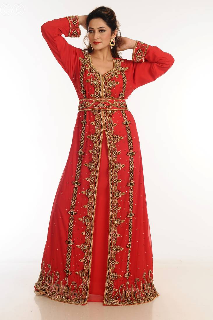 Red Zari Work Georgette Islamic Style Party Wear Stones And Beads Embedded Arabian Kaftan