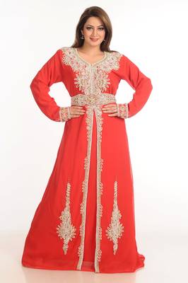 Red Zari Work Stones & Beads Embellish Georgette  Islamic Style Arabian Maxi Partywear Kaftan 2