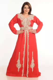Red Zari Work Stones & Beads Embellish Georgette  Islamic Style Arabian Maxi Partywear Kaftan