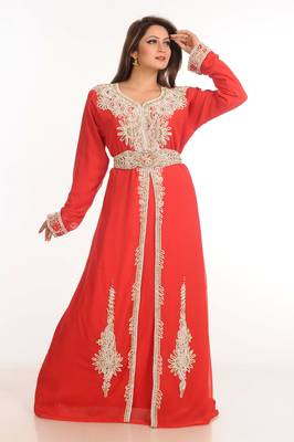 Red Zari Work Stones & Beads Embellish Georgette  Islamic Style Arabian Maxi Partywear Kaftan 3
