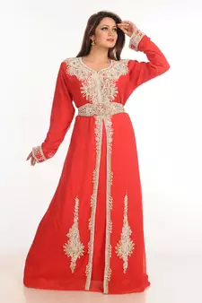 Red Zari Work Stones & Beads Embellish Georgette  Islamic Style Arabian Maxi Partywear Kaftan