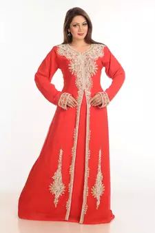 Red Zari Work Stones & Beads Embellish Georgette  Islamic Style Arabian Maxi Partywear Kaftan