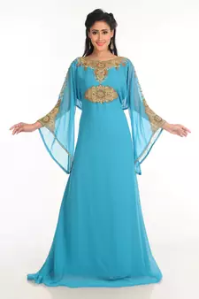Turqoise Zari Work Stones & Beads Embellish Georgette  Islamic Style Arabian Maxi Partywear Kaftan