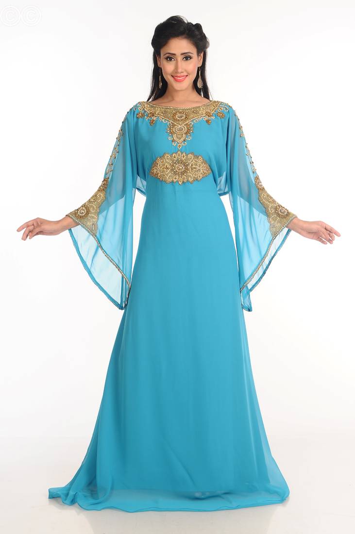 Turqoise Zari Work Stones & Beads Embellish Georgette  Islamic Style Arabian Maxi Partywear Kaftan