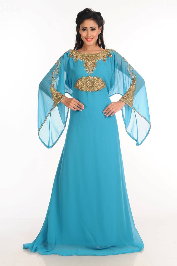 Turqoise Zari Work Stones & Beads Embellish Georgette  Islamic Style Arabian Maxi Partywear Kaftan