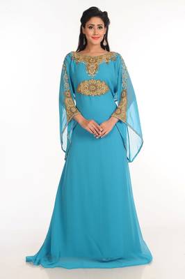 Turqoise Zari Work Stones & Beads Embellish Georgette  Islamic Style Arabian Maxi Partywear Kaftan 4