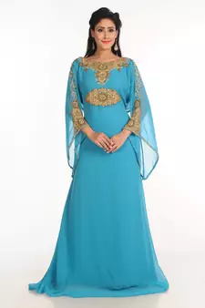 Turqoise Zari Work Stones & Beads Embellish Georgette  Islamic Style Arabian Maxi Partywear Kaftan