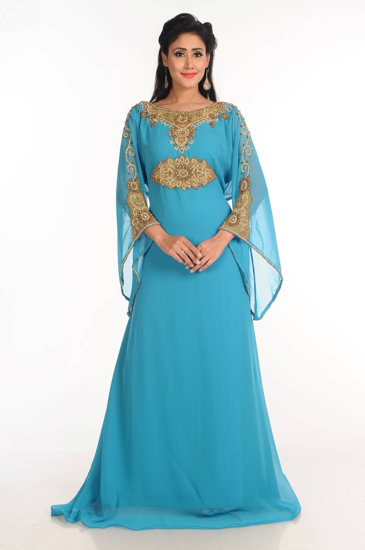 Turqoise Zari Work Stones & Beads Embellish Georgette  Islamic Style Arabian Maxi Partywear Kaftan
