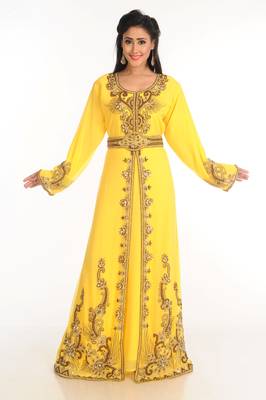 Yellow Zari Work Stones & Beads Embellish Georgette  Islamic Style Arabian Maxi Partywear Kaftan 2