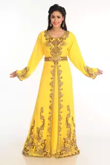Yellow Zari Work Stones & Beads Embellish Georgette  Islamic Style Arabian Maxi Partywear Kaftan