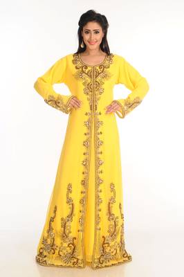 Yellow Zari Work Stones & Beads Embellish Georgette  Islamic Style Arabian Maxi Partywear Kaftan 3