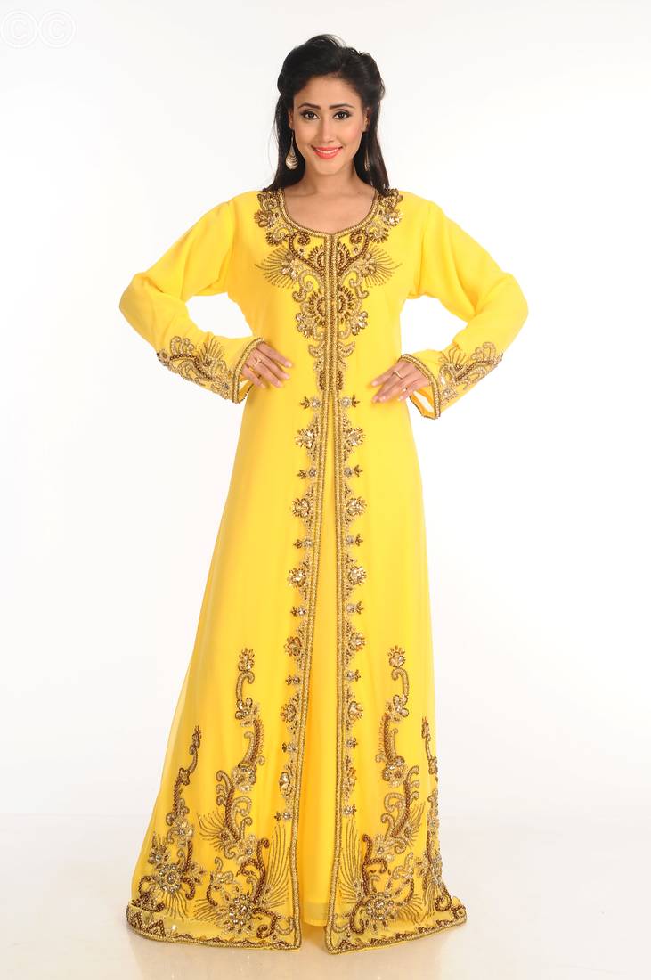 Yellow Zari Work Stones & Beads Embellish Georgette  Islamic Style Arabian Maxi Partywear Kaftan