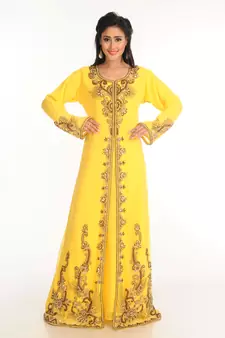 Yellow Zari Work Stones & Beads Embellish Georgette  Islamic Style Arabian Maxi Partywear Kaftan