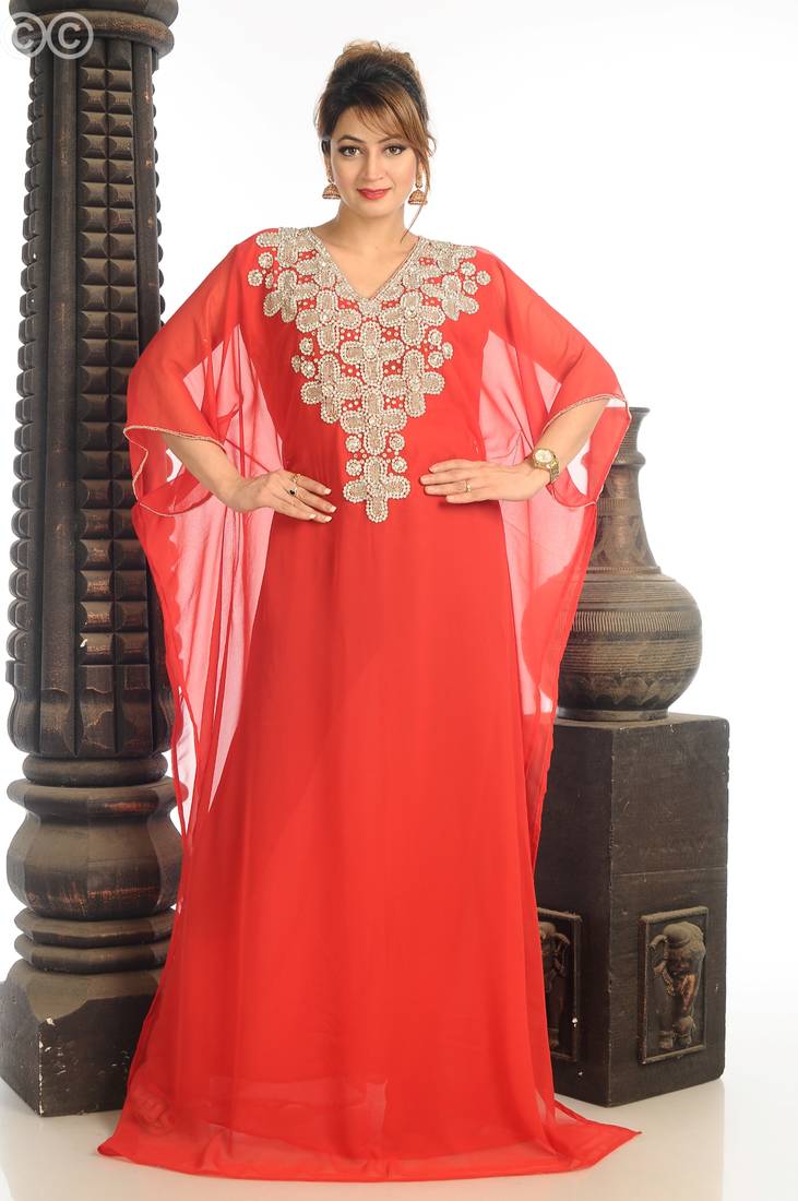 Maroon Zari Work Georgette Islamic Style Party Wear Stones And Beads Embedded Arabian Kaftan