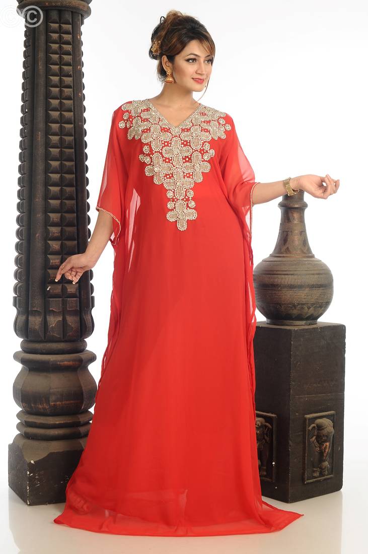 Maroon Zari Work Georgette Islamic Style Party Wear Stones And Beads Embedded Arabian Kaftan