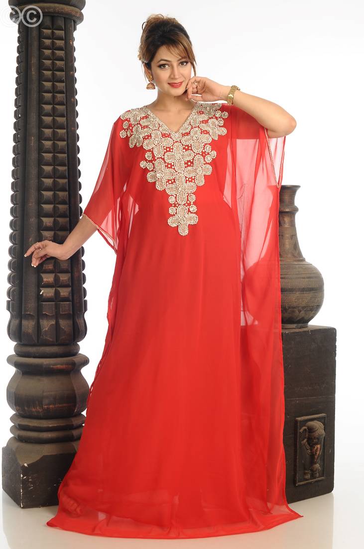 Maroon Zari Work Georgette Islamic Style Party Wear Stones And Beads Embedded Arabian Kaftan
