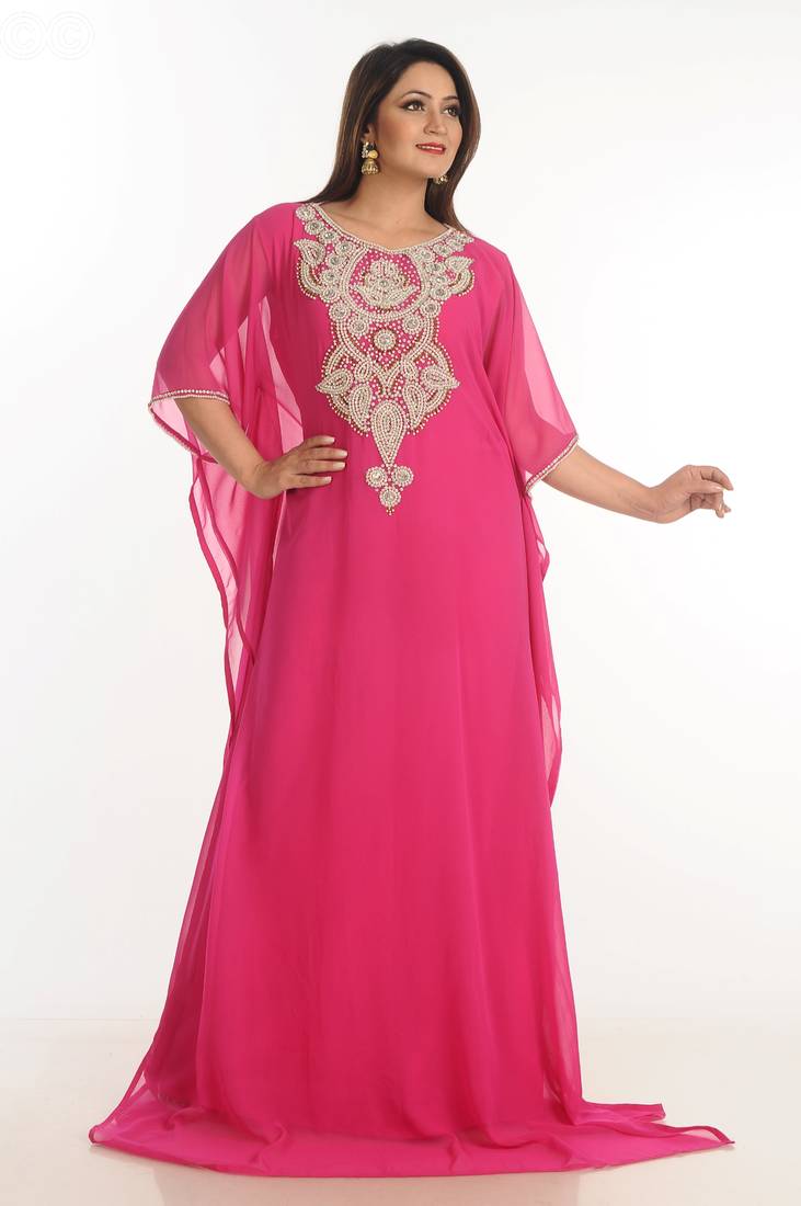 Pink Zari Work Georgette Islamic Style Party Wear Stones And Beads Embedded Arabian Kaftan