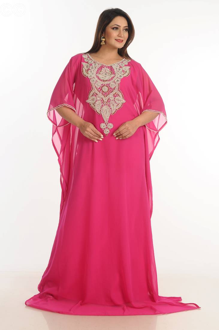 Pink Zari Work Georgette Islamic Style Party Wear Stones And Beads Embedded Arabian Kaftan