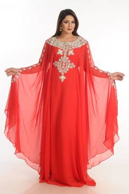 Red Zari Work Georgette Islamic Style Party Wear Stones And Beads Embedded Arabian Kaftan 2