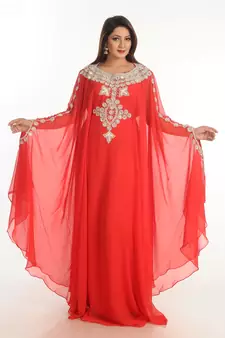 Red Zari Work Georgette Islamic Style Party Wear Stones And Beads Embedded Arabian Kaftan