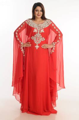 Red Zari Work Georgette Islamic Style Party Wear Stones And Beads Embedded Arabian Kaftan 3