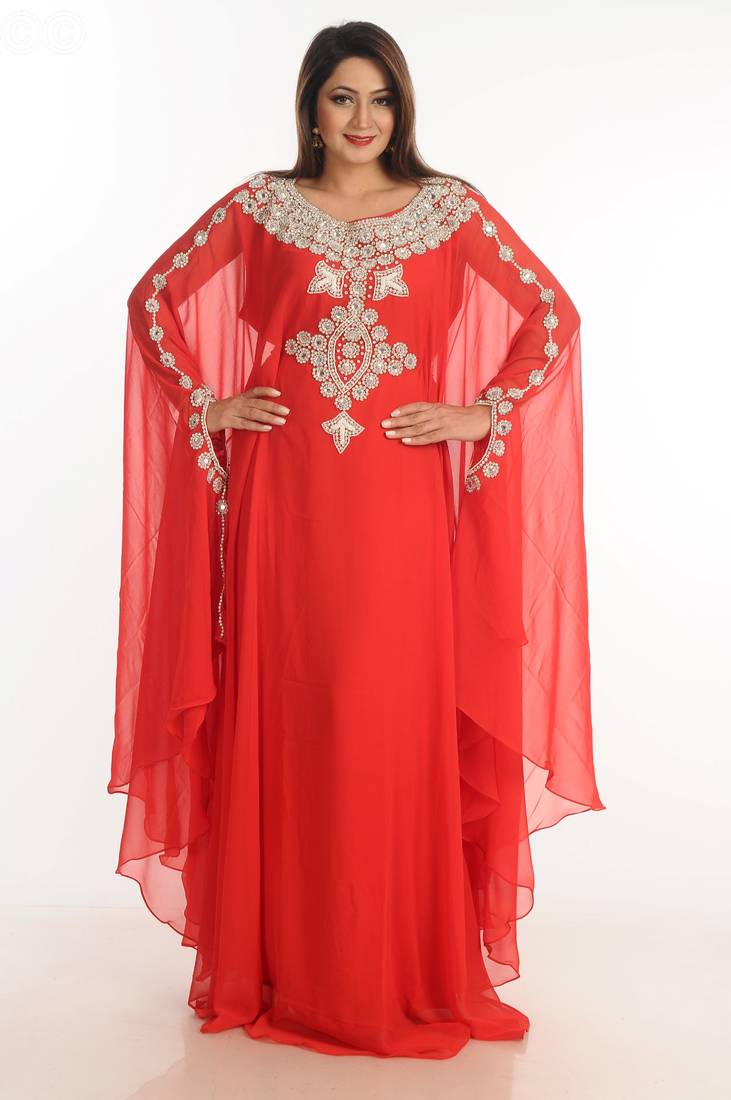 Red Zari Work Georgette Islamic Style Party Wear Stones And Beads Embedded Arabian Kaftan
