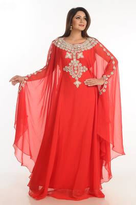 Red Zari Work Georgette Islamic Style Party Wear Stones And Beads Embedded Arabian Kaftan 4