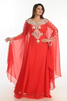 Red Zari Work Georgette Islamic Style Party Wear Stones And Beads Embedded Arabian Kaftan