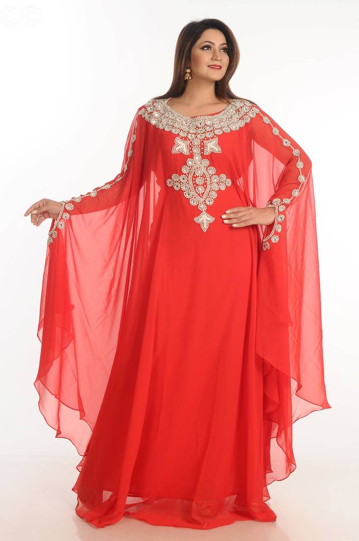 Red Zari Work Georgette Islamic Style Party Wear Stones And Beads Embedded Arabian Kaftan