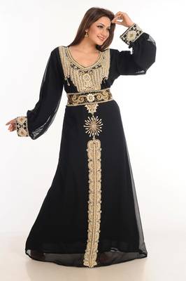 Black Zari Work Stones & Beads Embellish Georgette  Islamic Style Arabian Maxi Partywear Kaftan 2