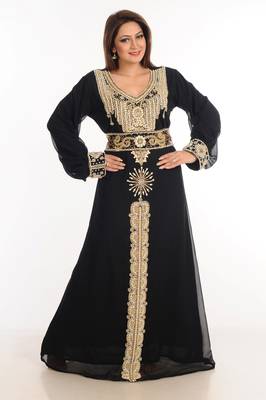 Black Zari Work Stones & Beads Embellish Georgette  Islamic Style Arabian Maxi Partywear Kaftan 3