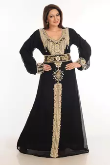 Black Zari Work Stones & Beads Embellish Georgette  Islamic Style Arabian Maxi Partywear Kaftan