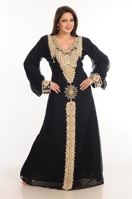 Black Zari Work Stones & Beads Embellish Georgette  Islamic Style Arabian Maxi Partywear Kaftan 4