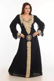 Black Zari Work Stones & Beads Embellish Georgette  Islamic Style Arabian Maxi Partywear Kaftan